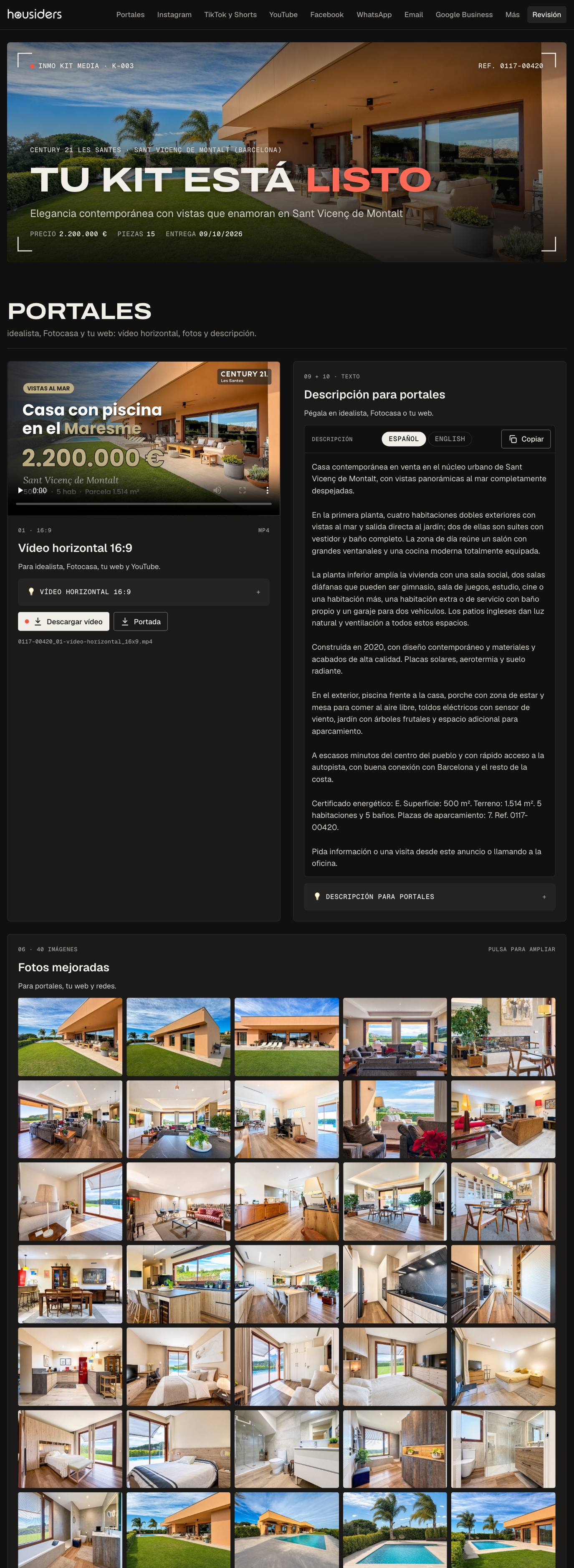 Captura completa de la entrega del kit de CENTURY 21 Les Santes: portales, Instagram, TikTok, YouTube, Facebook, WhatsApp, email, Google Business y piezas extra